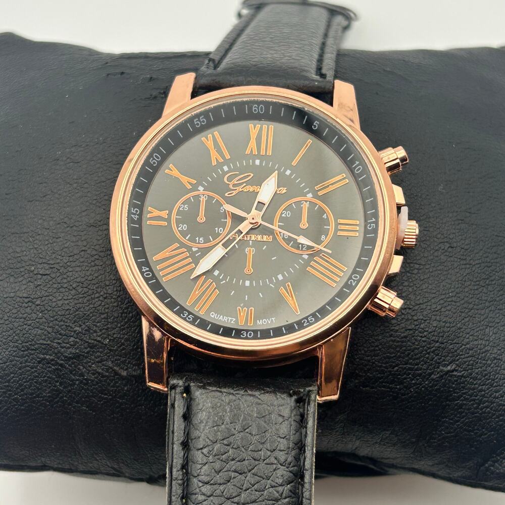 Geneva Platinum RoseGold Women's Fashion Watch Black Strap Working New Battery
